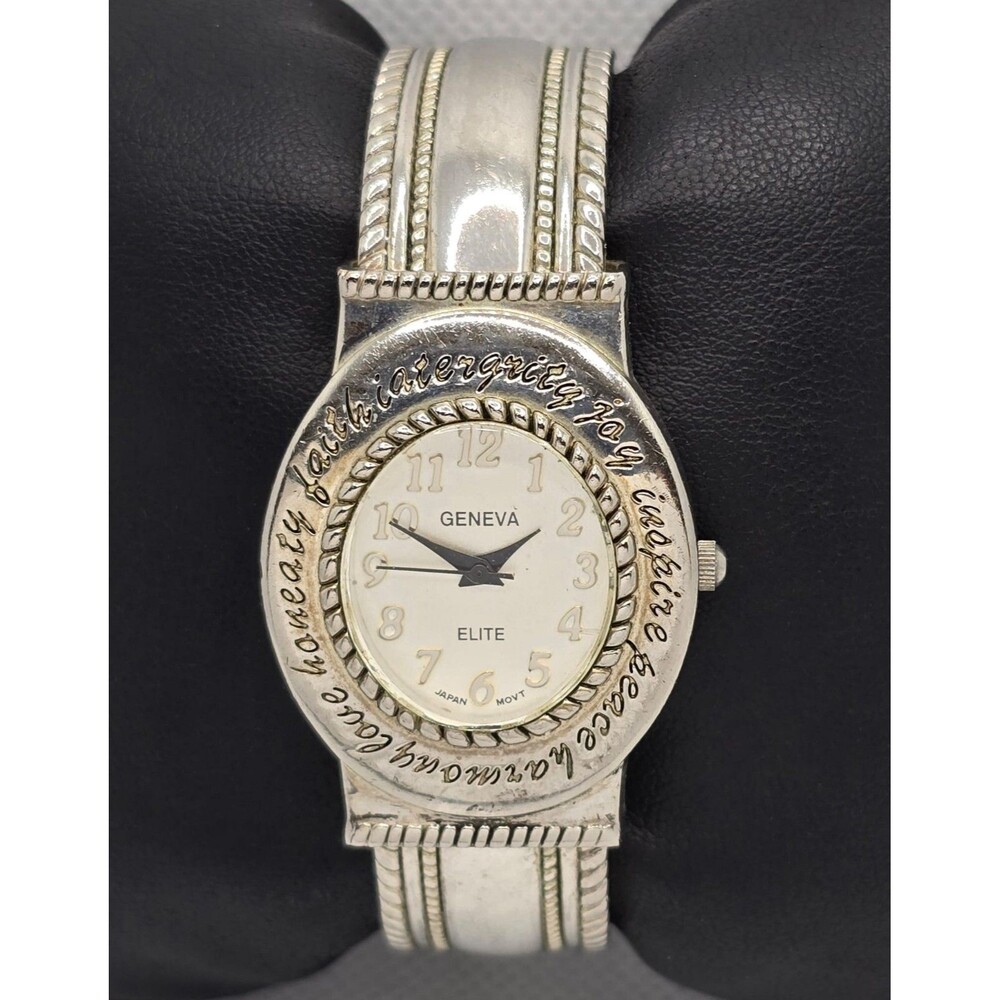 Women's Geneva Oval White Dial Silver Tone Engraved Case Cuff Bangle Watch 04